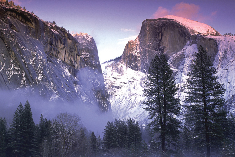 A view of Half Dome in winter